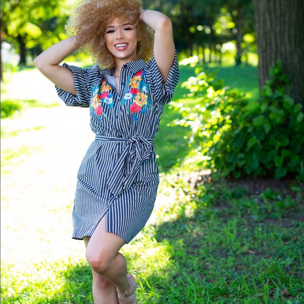 Bubble Sleeve Spring Striped Shirt Dress